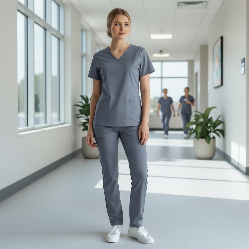 SB Scrubs Womens V-Neck Short Sleeve Pocket Scrub Top Steel Gray